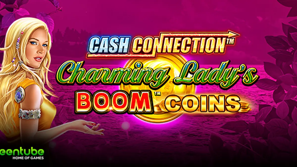 Interface do jogo de slot Cash Connection Charming Lady’s Boom Coins com símbolos de fortuna