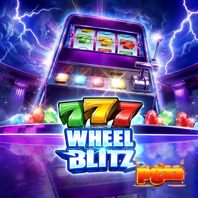 Interface vibrante e neon do slot 777 Wheel Blitz com símbolos de pedras preciosas